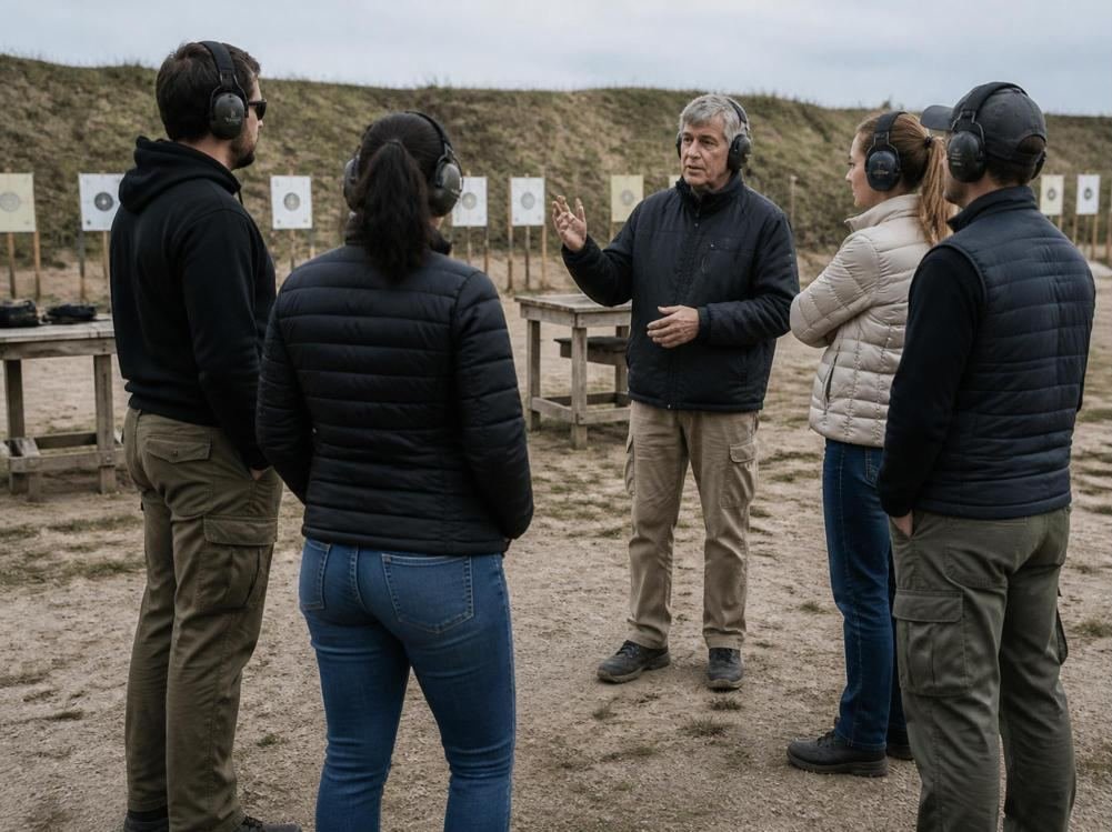 Instructor explicando las reglas de seguridad a un grupo de alumnos en el polígono